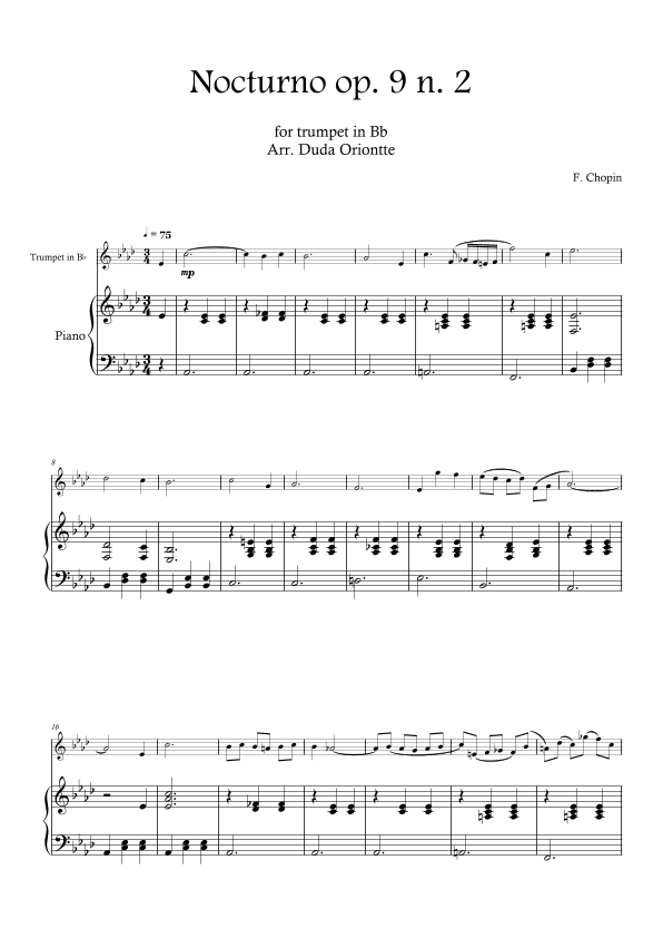 Nocturno op. 9 no. 2 (trumpet in Bb and piano - SIMPLIFIED) CHOPIN (arr. Duda Oriontte)