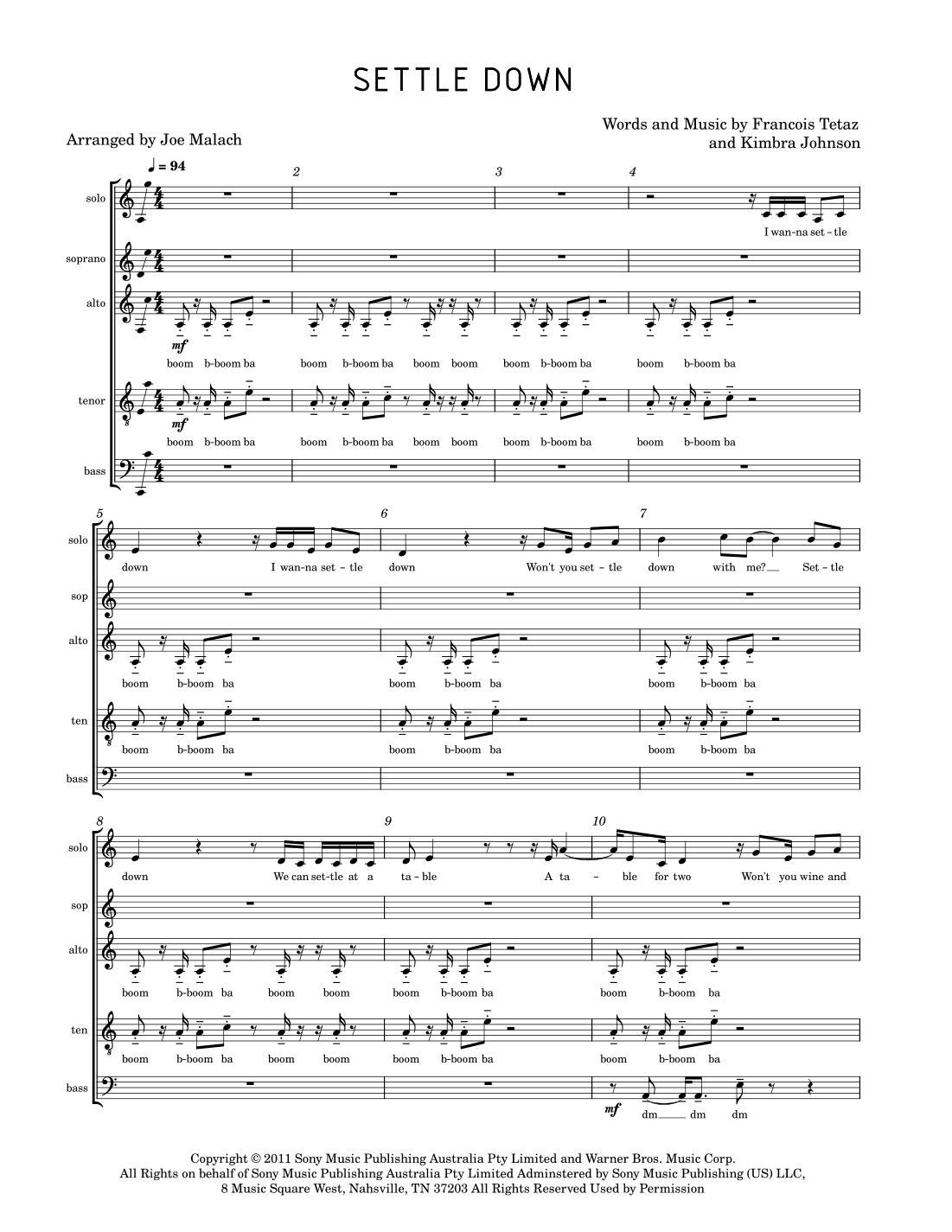 Settle Down (arr. Joe Malach)