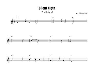 Piccolo Sheet Music for Christmas Song "Silent Nigth" to Beginners ( with Chords Symbols ) (arr. Edmarcelino)