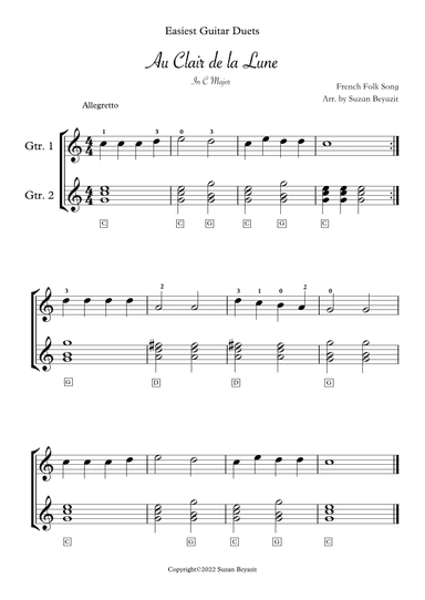 Au Clair de la Lune  ( Guitar Duet - Level 1 ) (arr. Suzan Beyazit)