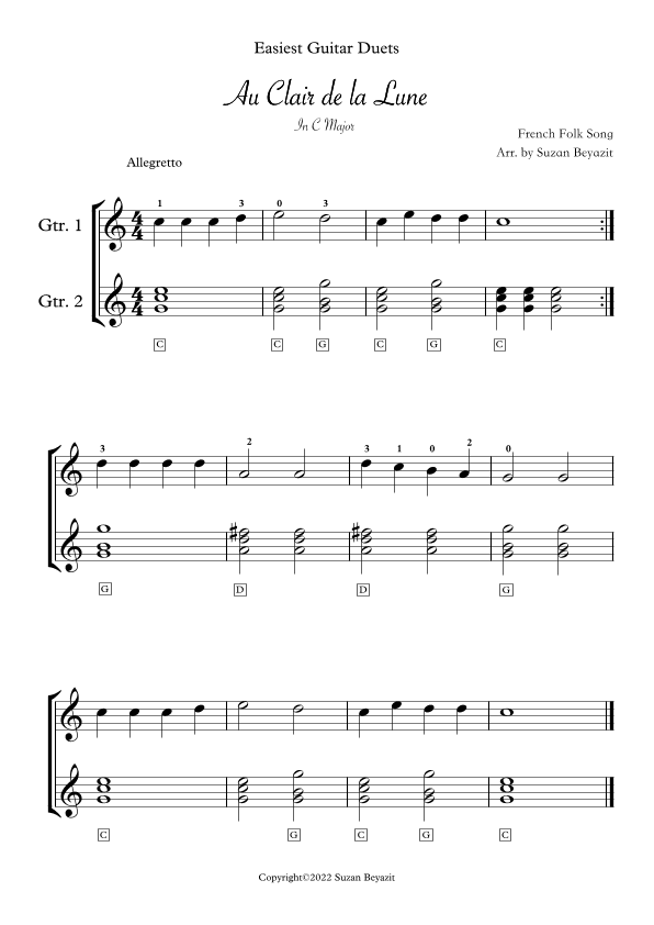 Au Clair de la Lune  ( Guitar Duet - Level 1 ) (arr. Suzan Beyazit)