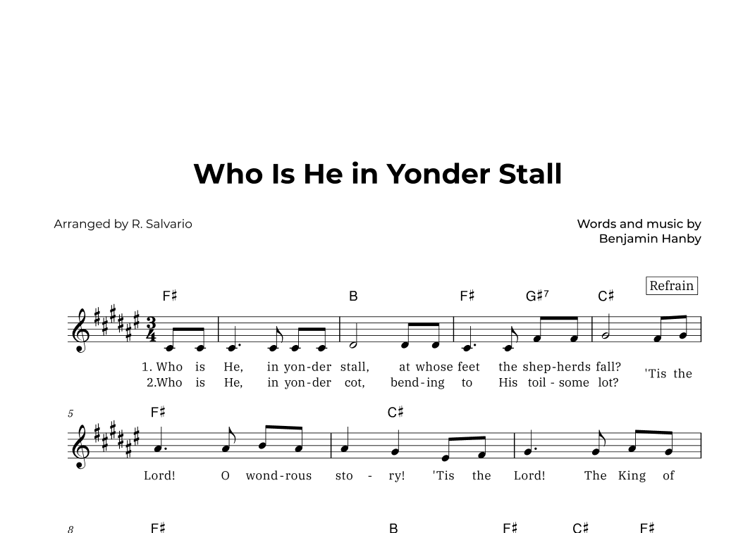 Who Is He in Yonder Stall (Key of F-Sharp Major) (arr. R. Salvario)