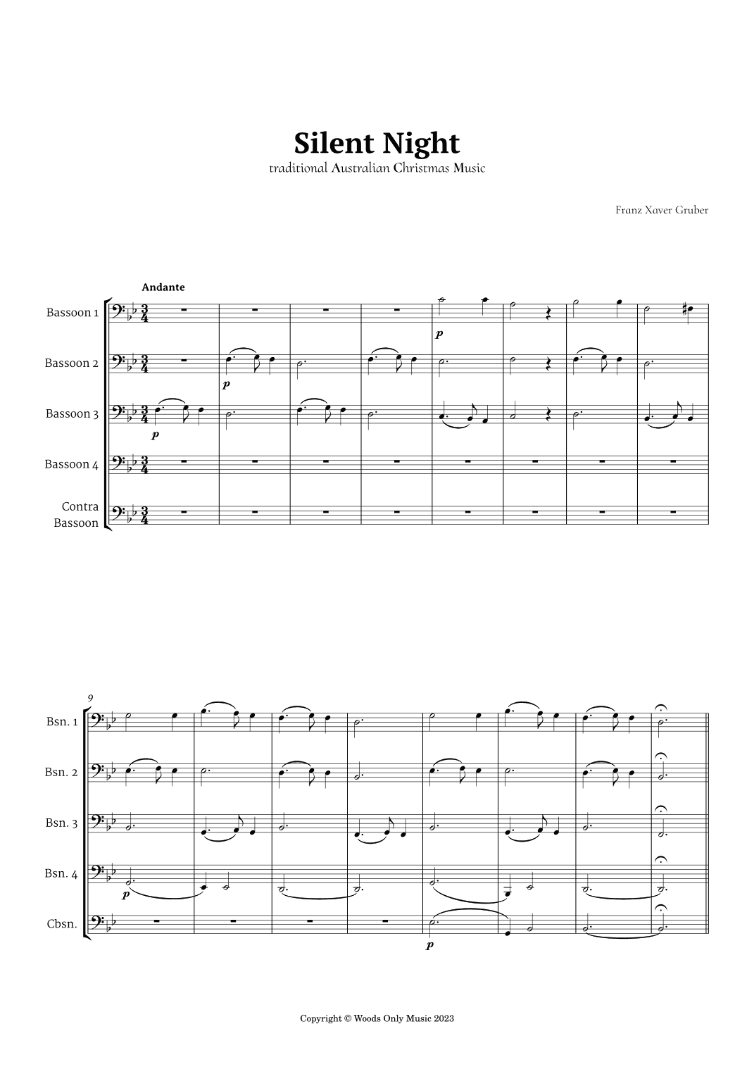 Silent Night by Franz Gruber for Bassoon Quintet (arr. Ander)