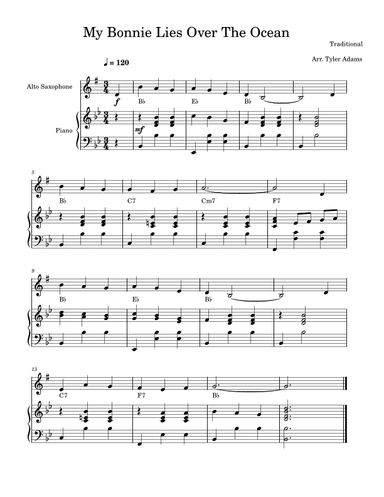 My Bonnie Lies Over The Ocean (Easy Alto Sax) (arr. Tyler Adams)
