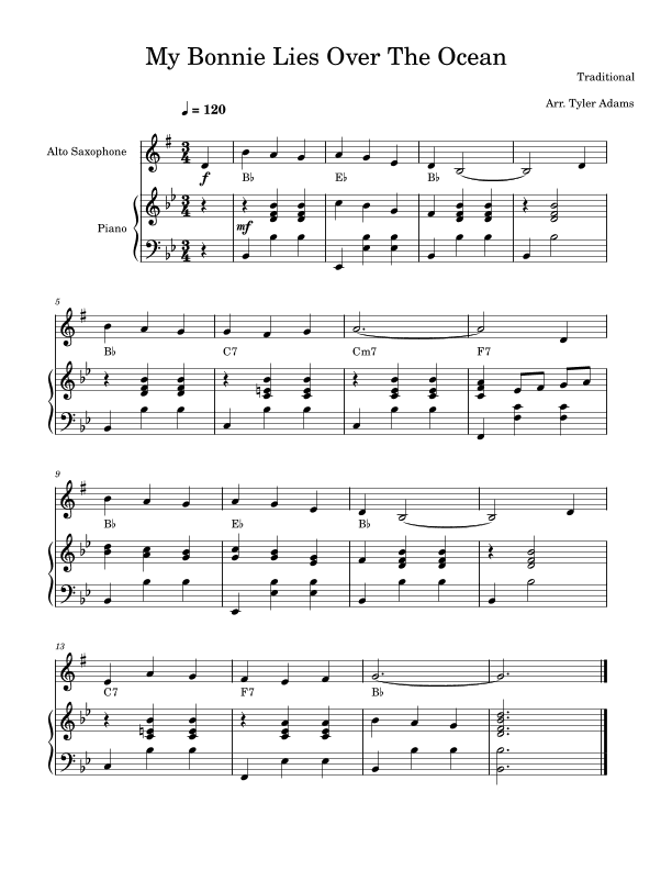 My Bonnie Lies Over The Ocean (Easy Alto Sax) (arr. Tyler Adams)