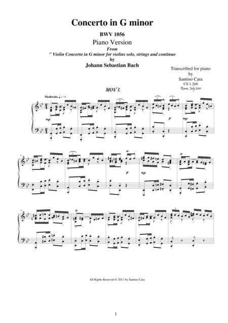 J.S.Bach - Violin Concerto in G minor BWV 1056 - mov 1 Moderato - Piano solo (arr. Santino Cara)