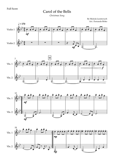 Carol of the Bells in Jazz Version (Christmas Song) for Violin Duo (arr. Fabio Britto)