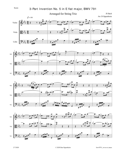 Bach: 3-Part Invention No. 5 in E flat major, BWV 791 arr. for String Trio (arr. D Oppenheim)