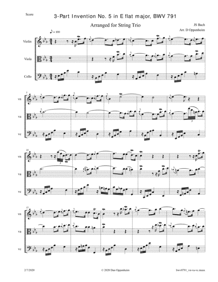 Bach: 3-Part Invention No. 5 in E flat major, BWV 791 arr. for String Trio (arr. D Oppenheim)