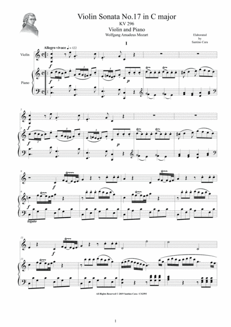 Mozart - Violin Sonata No.17 in C major KV 296 for Violin and Piano - Score and Part (arr. Santino Cara)