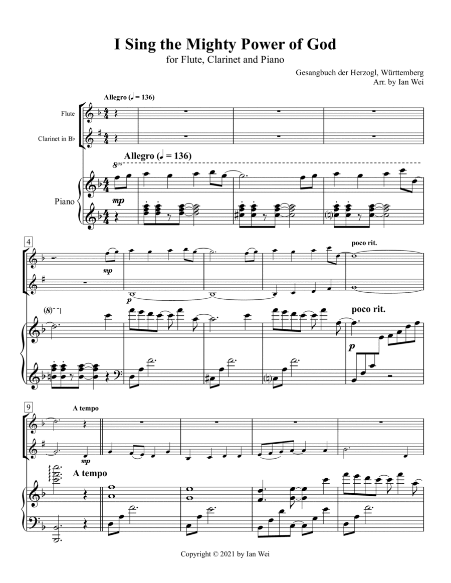 I Sing the Mighty Power of God for Flute, Clarinet and Piano (arr. Ian Wei)
