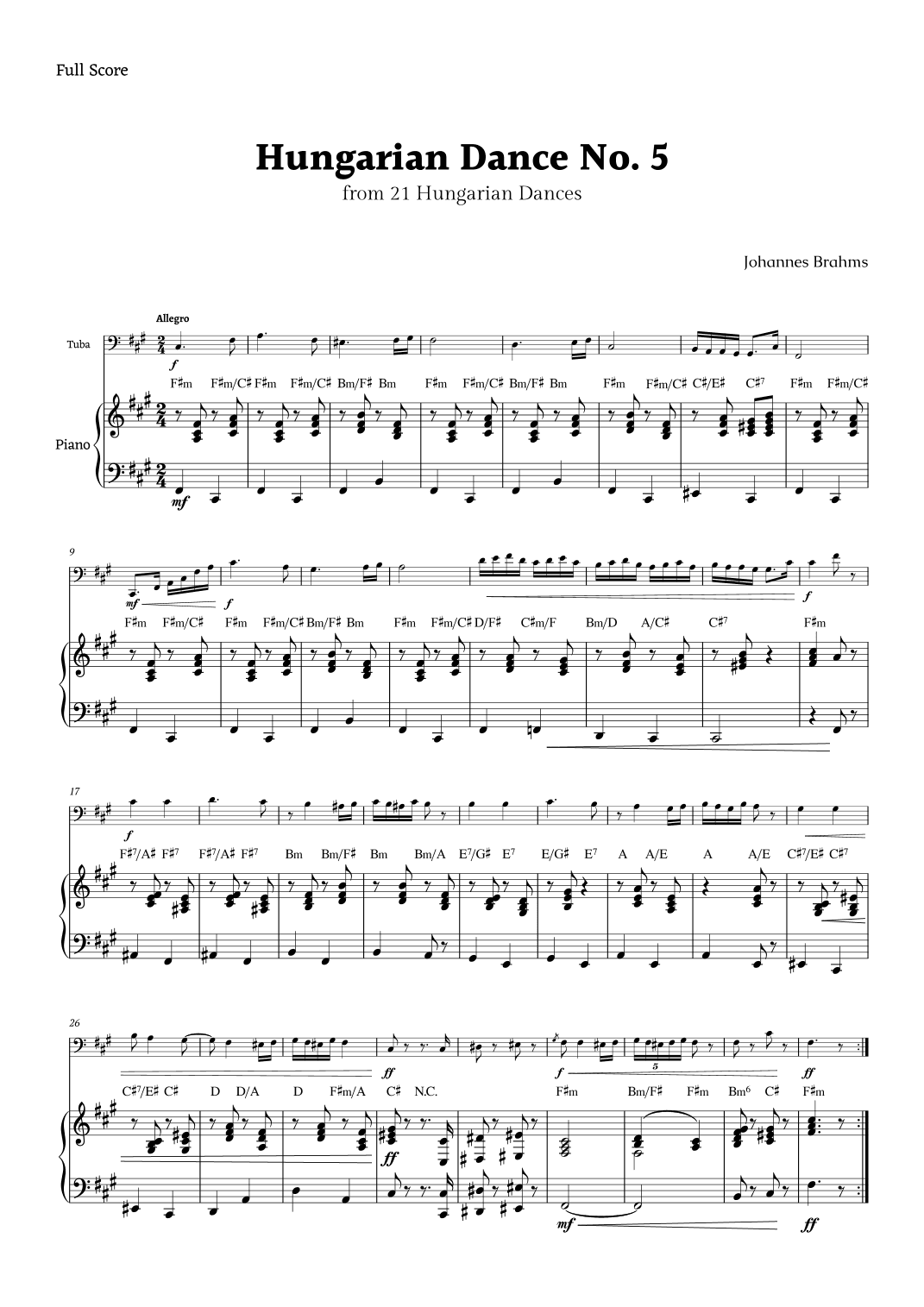 Hungarian Dance No. 5 by Brahms for Tuba and Piano with Chords (arr. Rika K.)
