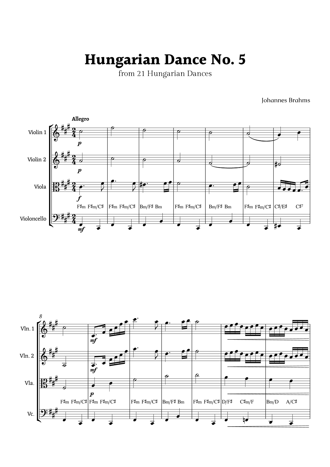 Hungarian Dance No. 5 by Brahms for String Quartet (arr. Rika K.)