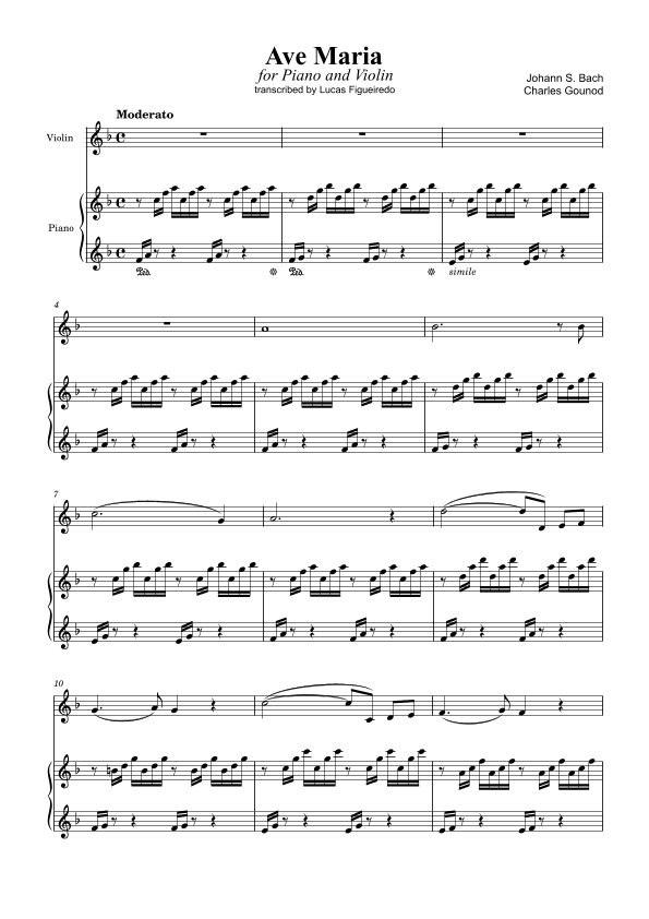 Ave Maria (Bach-Gounod) for Violin with Piano Accompaniment (in F Major) (arr. Lucas Figueiredo)