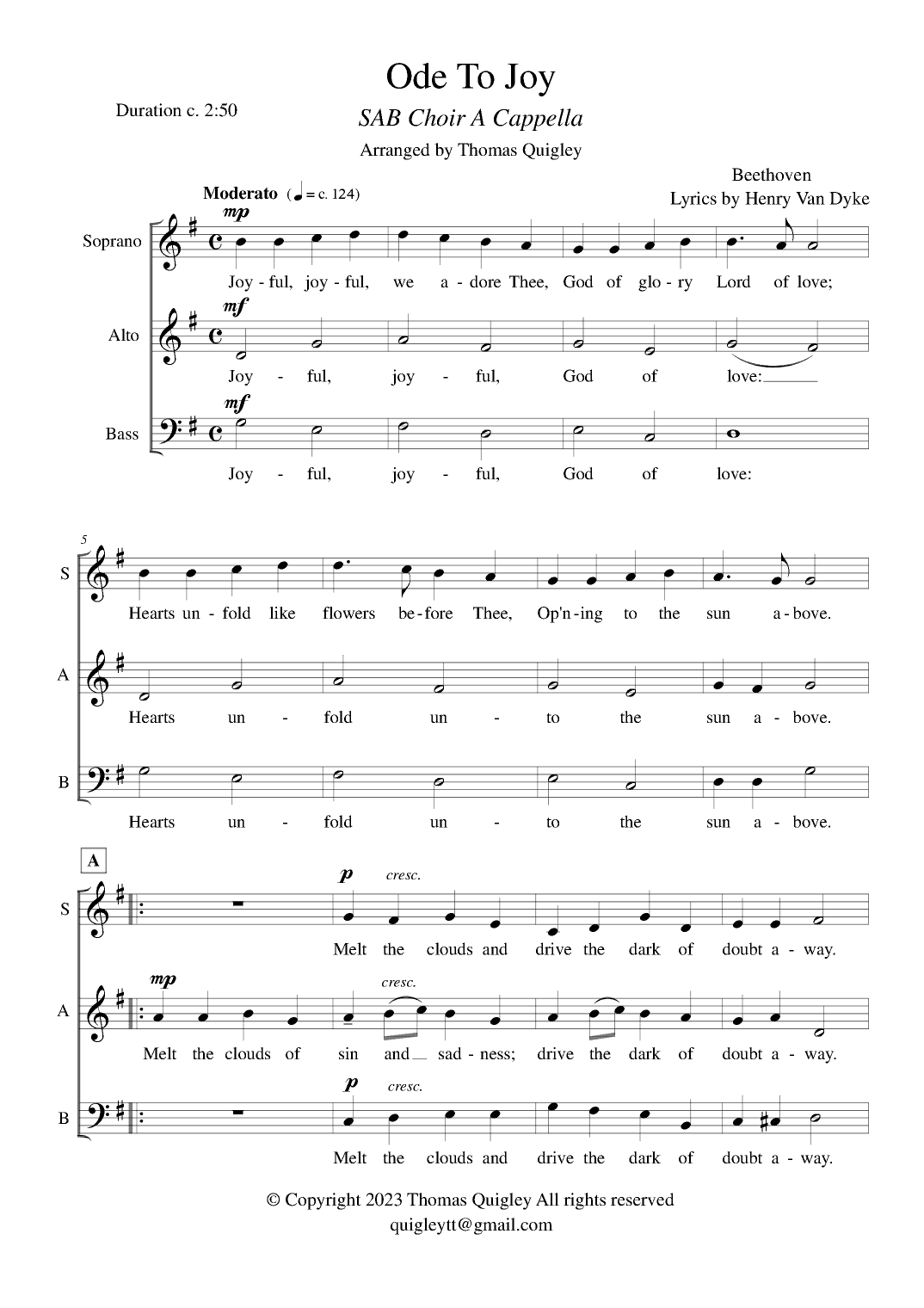 Ode To Joy (SAB a cappella) (arr. Thomas Quigley)