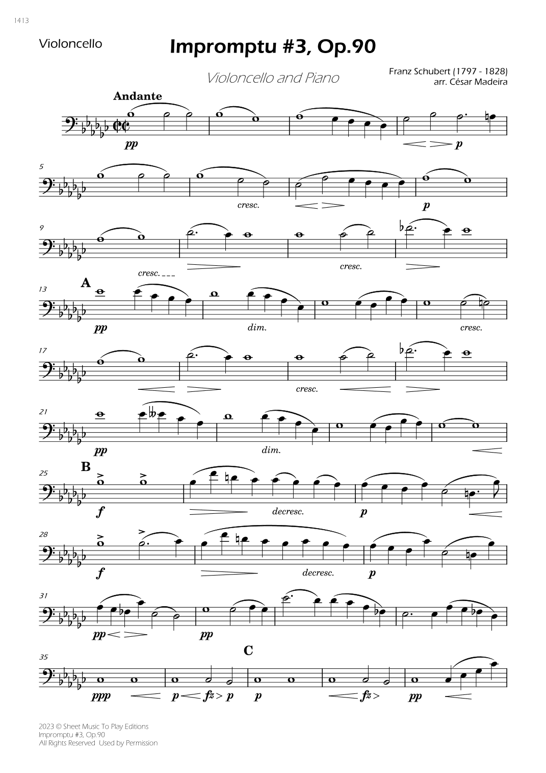 Impromptu No.3, Op.90 - Cello and Piano (Individual Parts) (arr. César Madeira)
