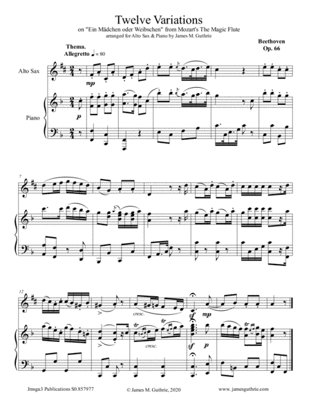 Beethoven: 12 Variations Op. 66 for Alto Sax & Piano (arr. James M. Guthrie, ASCAP)