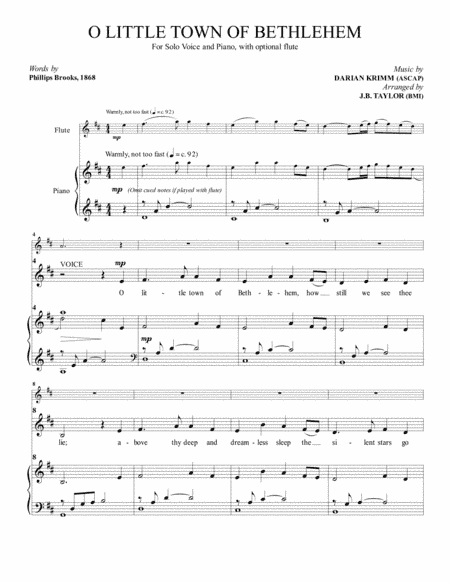 O Little Town of Bethlehem (For Solo Voice and Piano, with optional flute) (arr. J.B. Taylor)