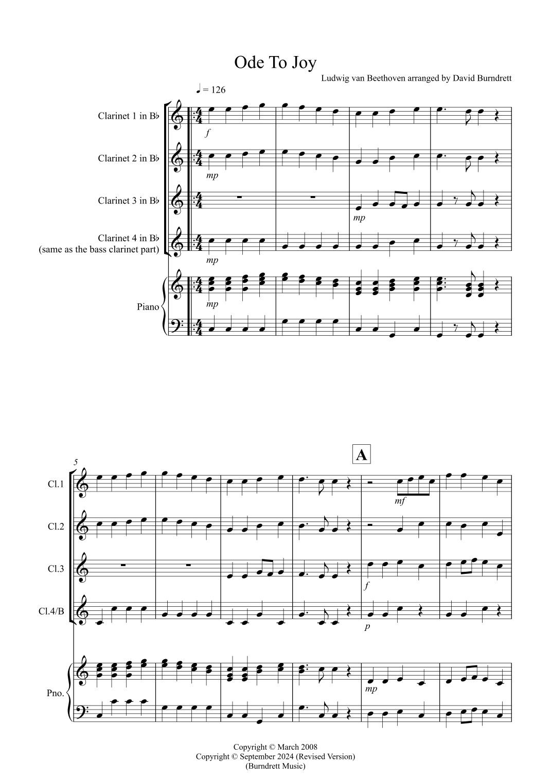 Ode to Joy for Clarinet Quartet (arr. David Burndrett)