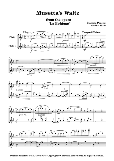 Giacomo Pucccini "La Boheme" Musetta's Waltz Aria "Quando Me'n Vo" Flute Duet Woodwind duo (arr. Glenn Martin)