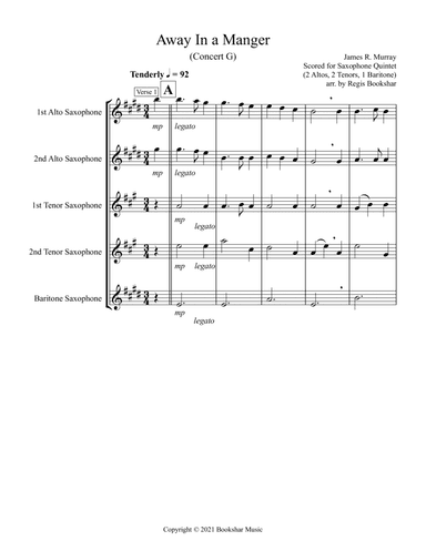 Away in a Manger (G) (Saxophone Quintet - 2 Alto, 2 Tenor, 1 Bari) (arr. Regis Bookshar)