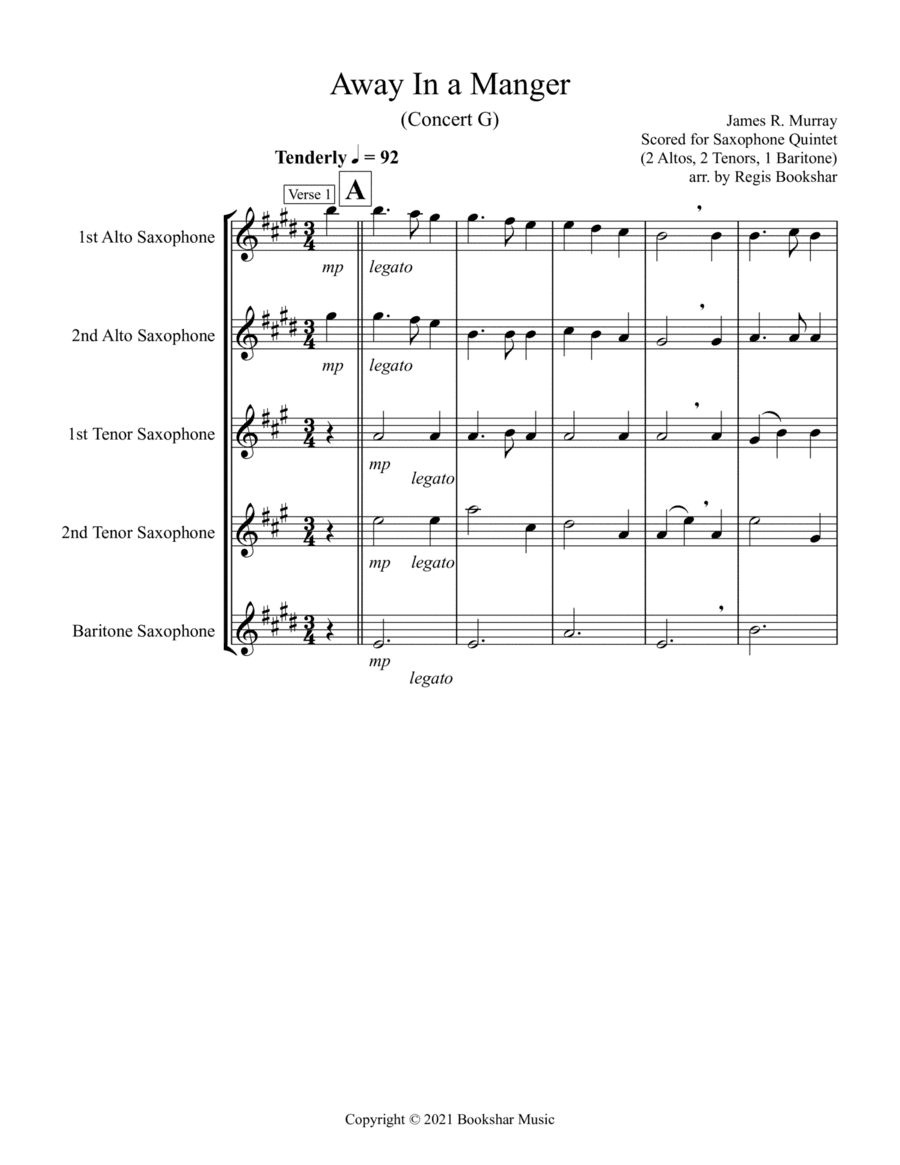 Away in a Manger (G) (Saxophone Quintet - 2 Alto, 2 Tenor, 1 Bari) (arr. Regis Bookshar)