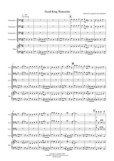 Good King Wenceslas (Jazzy Style!) for Cello Quartet (arr. David Burndrett)