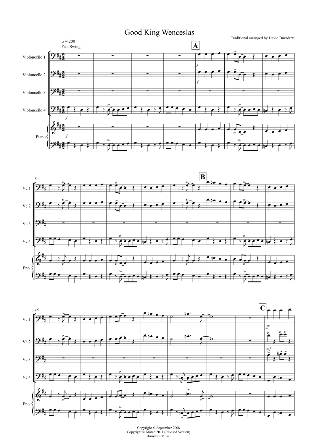 Good King Wenceslas (Jazzy Style!) for Cello Quartet (arr. David Burndrett)