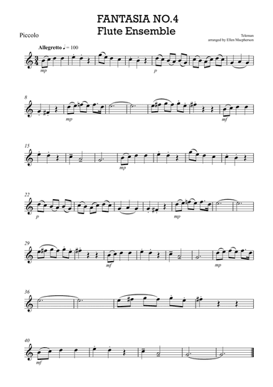 Teleman Fantasia for Flute Quartet (Piccolo, Flute, Alto Flute, Bass Flute) (arr. Ellen Macpherson)