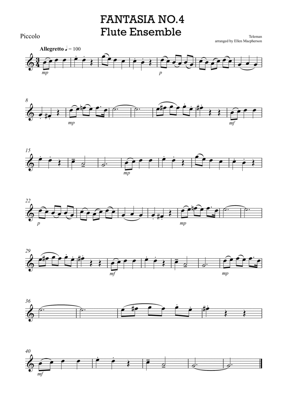 Teleman Fantasia for Flute Quartet (Piccolo, Flute, Alto Flute, Bass Flute) (arr. Ellen Macpherson)