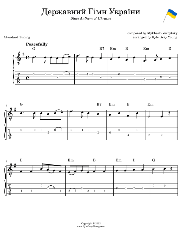 State Anthem Of Ukraine (easy guitar tablature lead sheet) (arr. Kyle Gray Young)