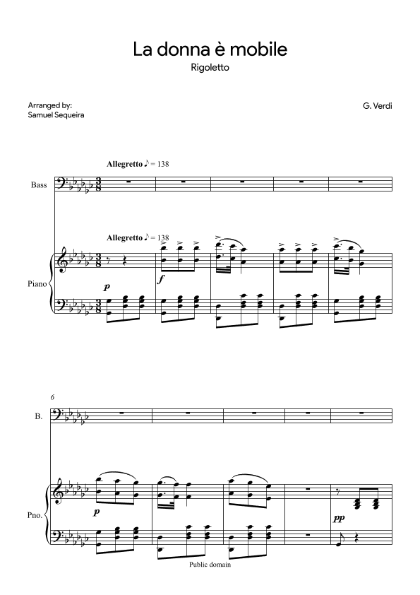 La donna è mobile - for Bass - in Gb (arr. Samuel Sequeira)