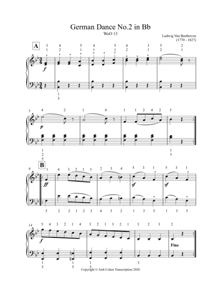 German Dance No.2 in Bb - Ludwig Van Beethoven (Easy to read and with fingerings for students) (arr. Transcription by Josh Cohen)