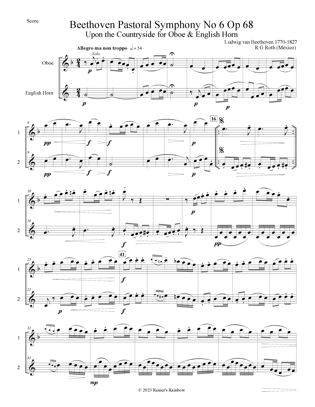 Beethoven Pastoral Symphony No 6 The Countryside for Oboe & English Horn Duet (arr. R G Roth)