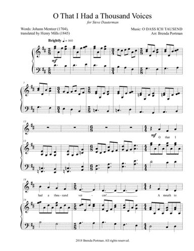 O That I Had a Thousand Voices (O DASS ICH TAUSEND), Medium/Low Voice, arr. Brenda Portman (arr. Brenda Portman)