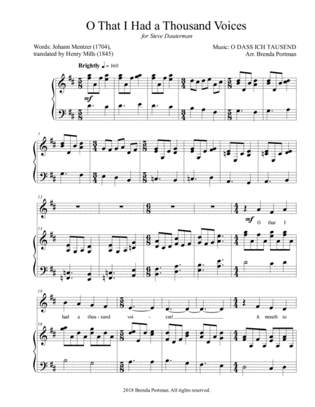 O That I Had a Thousand Voices (O DASS ICH TAUSEND), Medium/Low Voice, arr. Brenda Portman (arr. Brenda Portman)