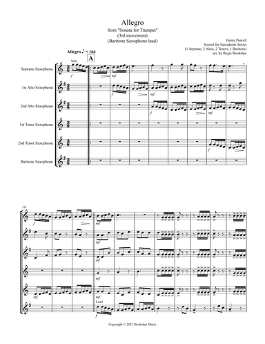 Allegro (from "Sonata for Trumpet") (Bb) (Saxophone Sextet - 1 Sop, 2 Alto, 2 Tenor, 1 Bari) (Barito (arr. Regis Bookshar)