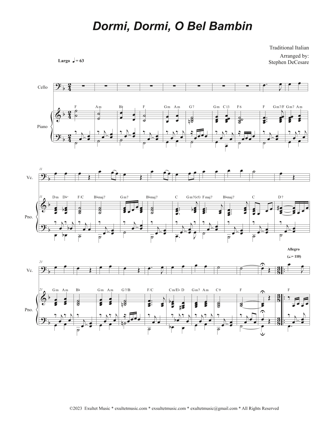 Dormi, Dormi, O Bel Bambin (Cello solo and Piano) (arr. Stephen DeCesare)