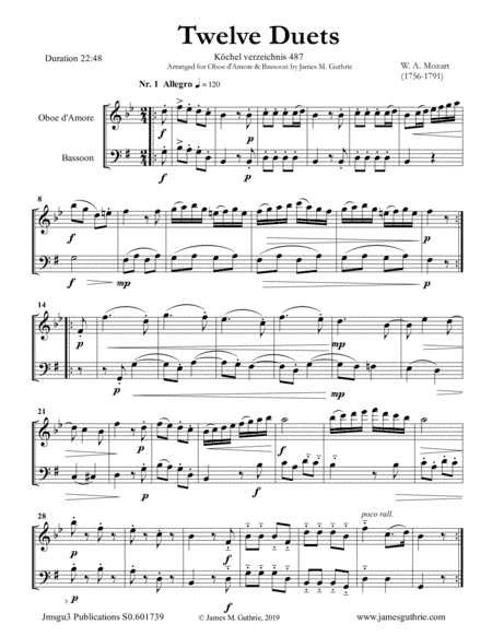 Mozart: 12 Duets K. 487 for Oboe d'Amore & Bassoon (arr. James M. Guthrie, ASCAP)