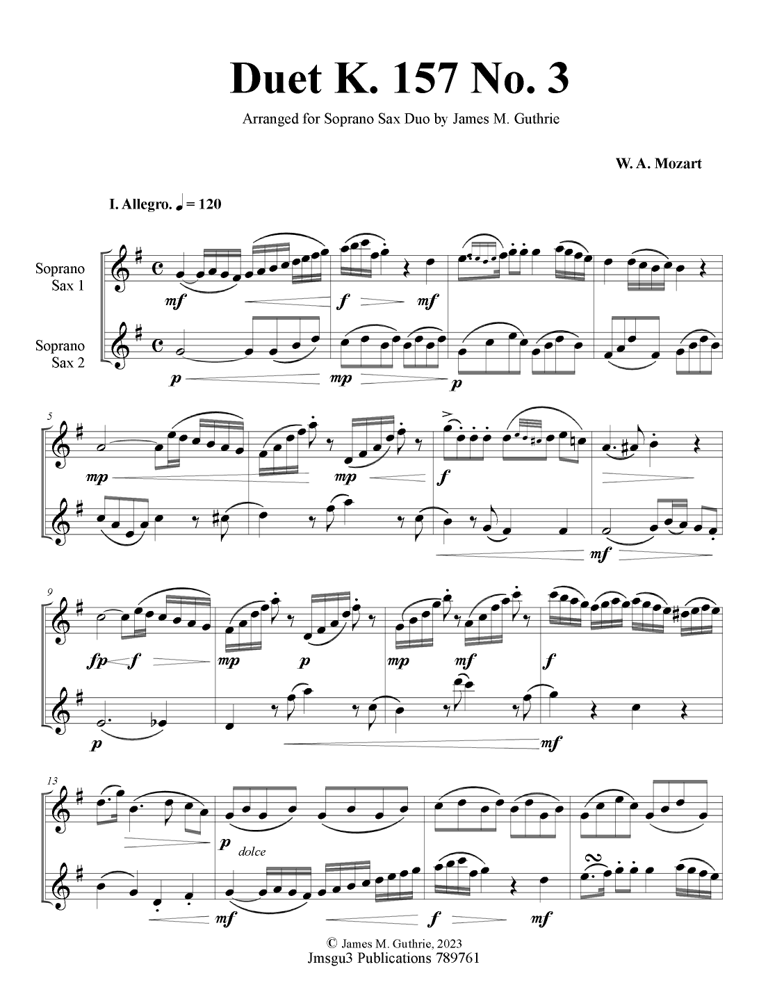Mozart: Duet K. 157 No. 3 for Soprano Sax Duo (arr. James M. Guthrie)