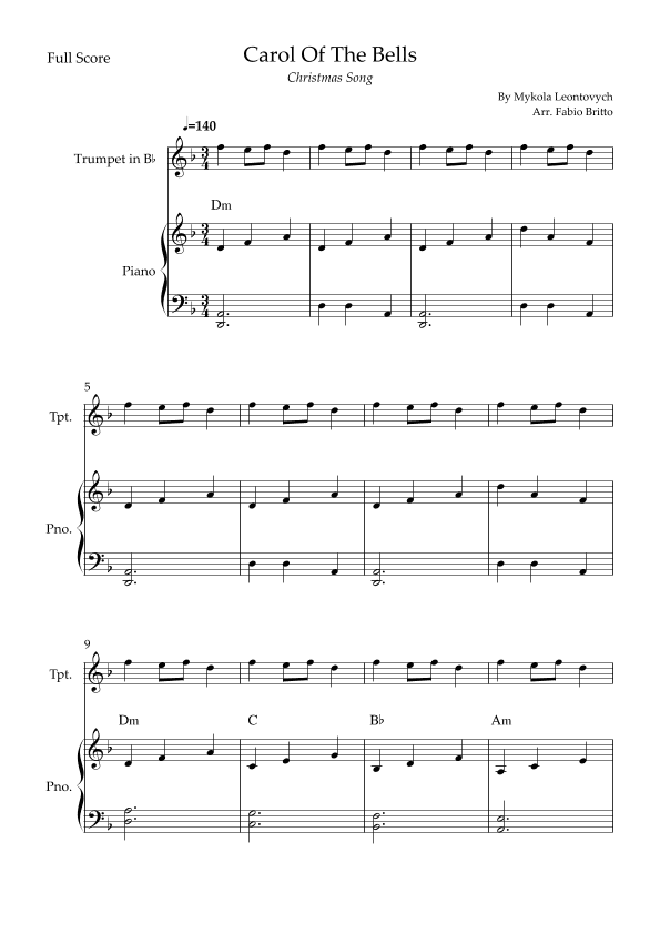 Carol Of The Bells (Christmas Song) for Trumpet in Bb Solo and Piano Accompaniment with Chords (arr. Fabio Britto)
