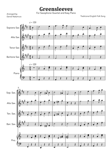 Greensleeves (for Saxophone Quartet with Easy Piano) (arr. Daniel Nakamura)