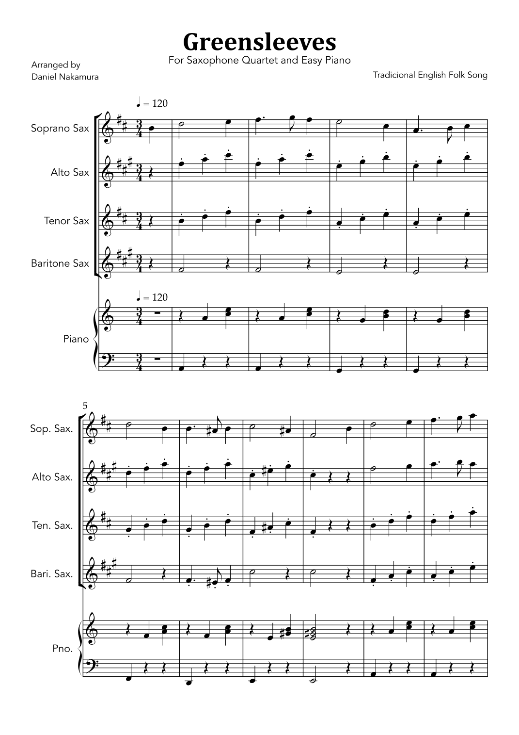 Greensleeves (for Saxophone Quartet with Easy Piano) (arr. Daniel Nakamura)