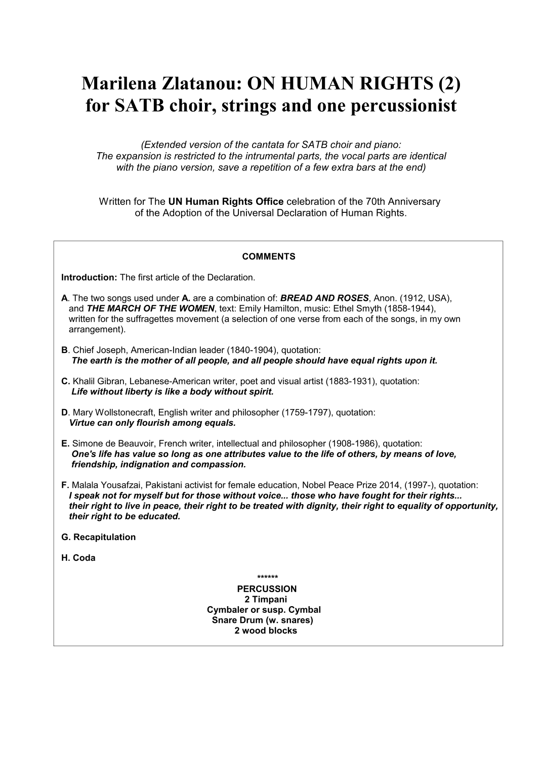 ON HUMAN RIGHTS (2) for SATB choir, strings and one percussionist