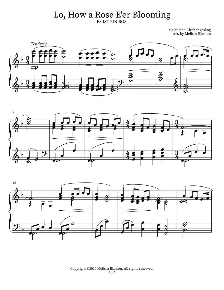 Lo, How a Rose E're Blooming for Solo Piano (arr. Melissa Blanton)