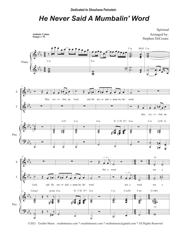 He Never Said A Mumbalin' Word (2-part choir - (Soprano and Tenor) (arr. Stephen DeCesare)