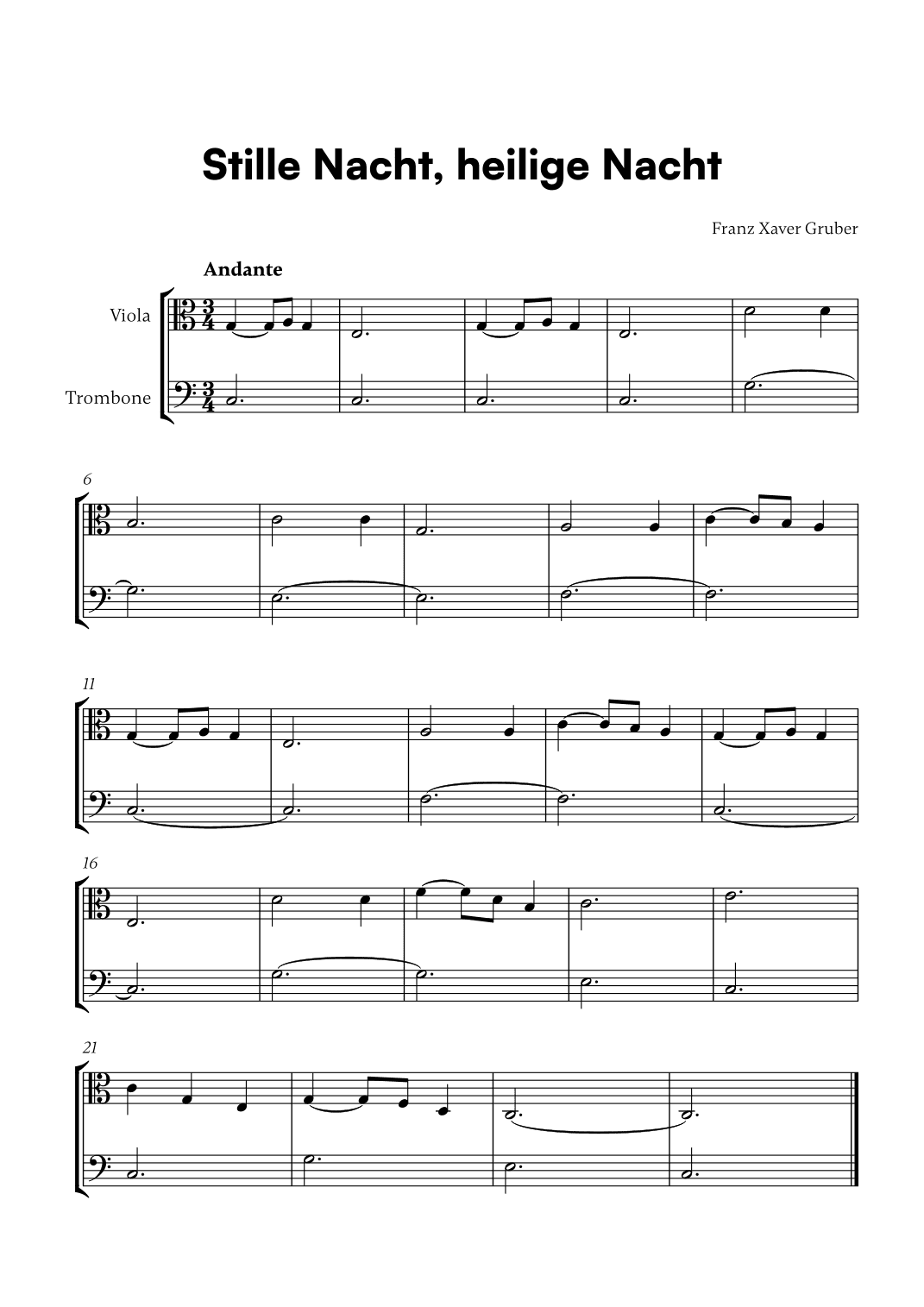 Stille Nacht, heilige Nacht (for Viola and Trombone) (arr. Cadenza Editions)