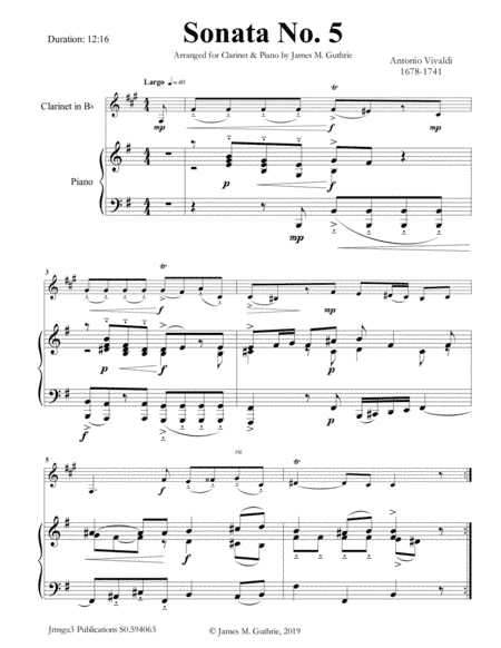 Vivaldi: Sonata No. 5 for Clarinet & Piano (arr. James M. Guthrie, ASCAP)