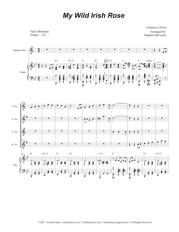 My Wild Irish Rose (Saxophone Quartet and Piano) (arr. Stephen DeCesare)