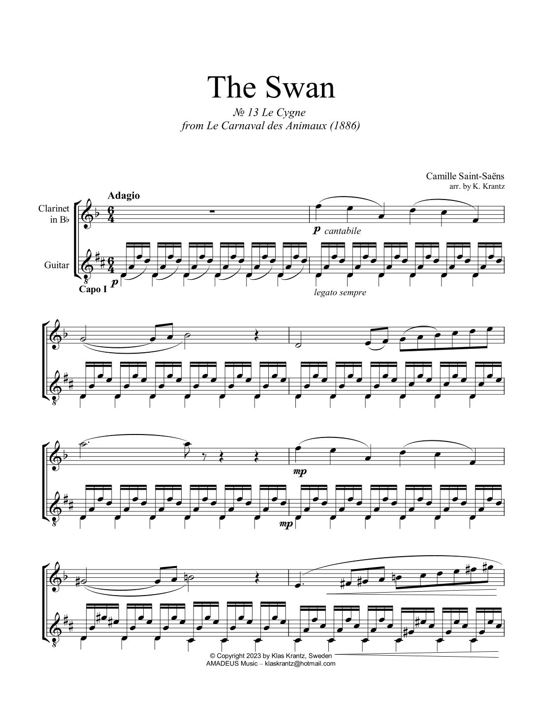 The Swan / Le cygne for clarinet in Bb and guitar (Eb Major, Capo I) (arr. K. Krantz)